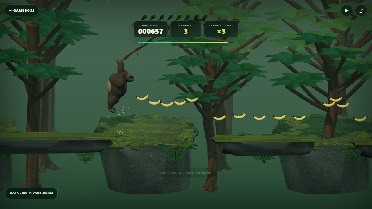Rumblevine silverback swinging from a vine in a lush 3D jungle while collecting bananas