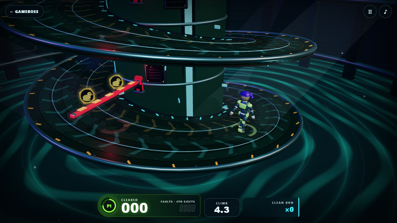 Twisty System player running around a neon industrial corkscrew with obstacles approaching