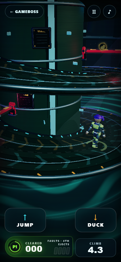 Portrait mobile view of Twisty System with large Jump and Duck touch buttons